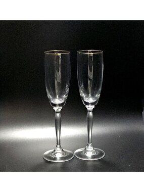 2 Pier 1 Petal Champagne Flutes 9" gold glass sculpted floral stem vtg elegance